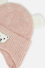 Baby Winter Knit Hat With Ear Flaps And Ears Pale Dusty Pink