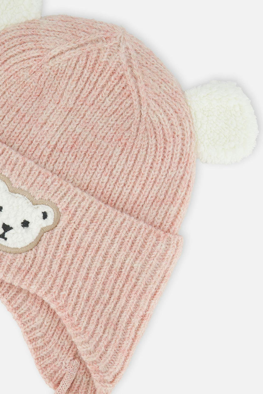 Baby Winter Knit Hat With Ear Flaps And Ears Pale Dusty Pink