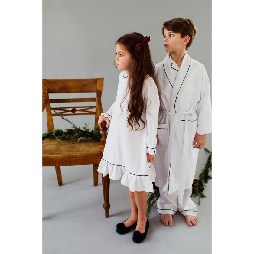 Kid's Flannel Robe in White with Navy Piping