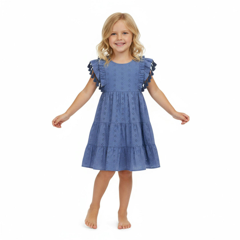 Sophie Girls Tassel Dress Ocean Blue Eyelet, Ocean Blue Eyelet