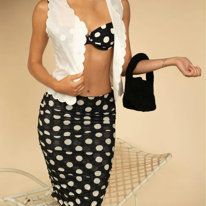 Polka Dot Mesh Ruched Midi Skirt