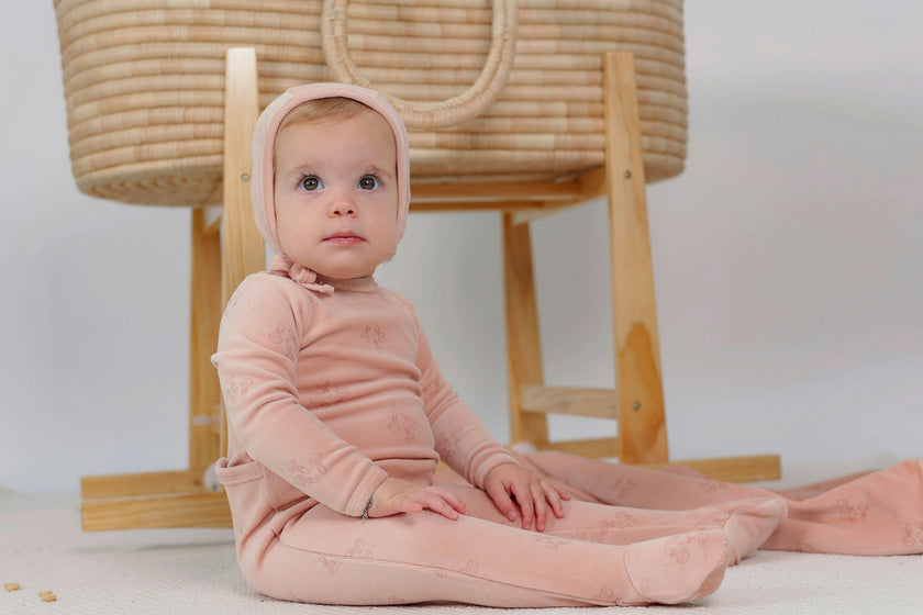 Rattle Print Snap Front Velour Romper and Bonnet Two Piece Set