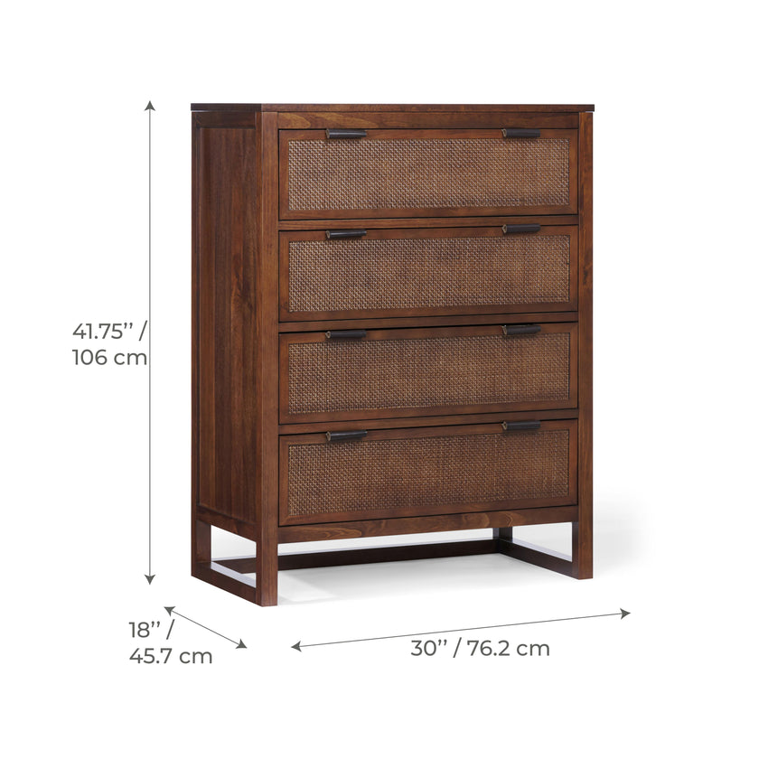 Hatteras Dresser with 4 Rattan Inlay Drawers, Faux Leather Pulls & Deep Storage