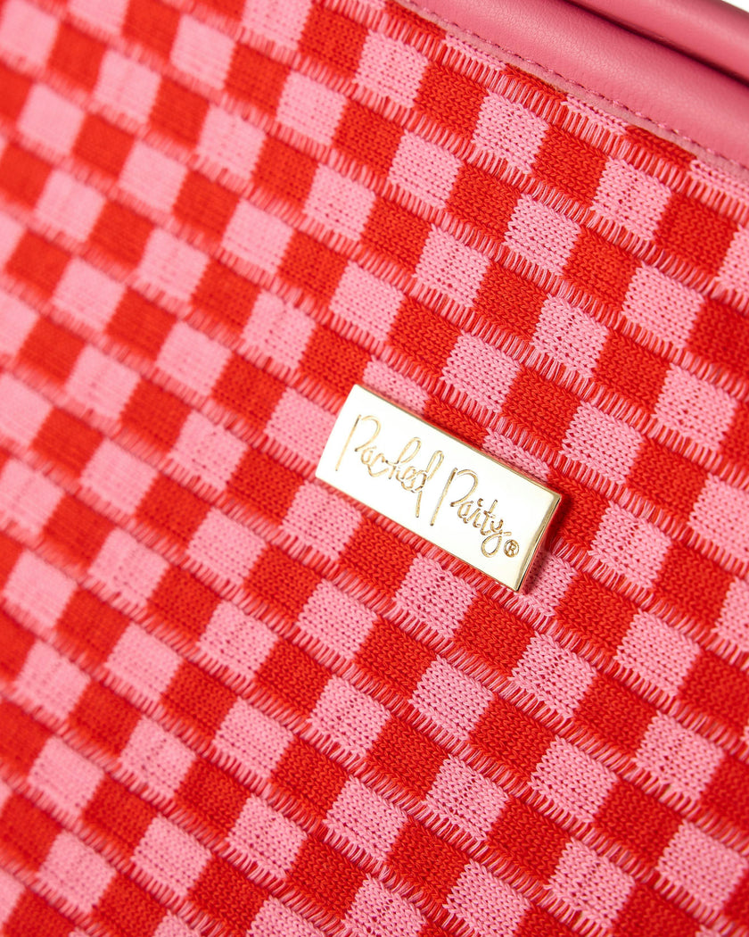 Packed Party Holiday Pink Checkered Oversized Weekender Duffel Bag – Woven Polyester with Gold Hardware, Adjustable Strap, and Lined Interior, 20.5x16x8 Inch