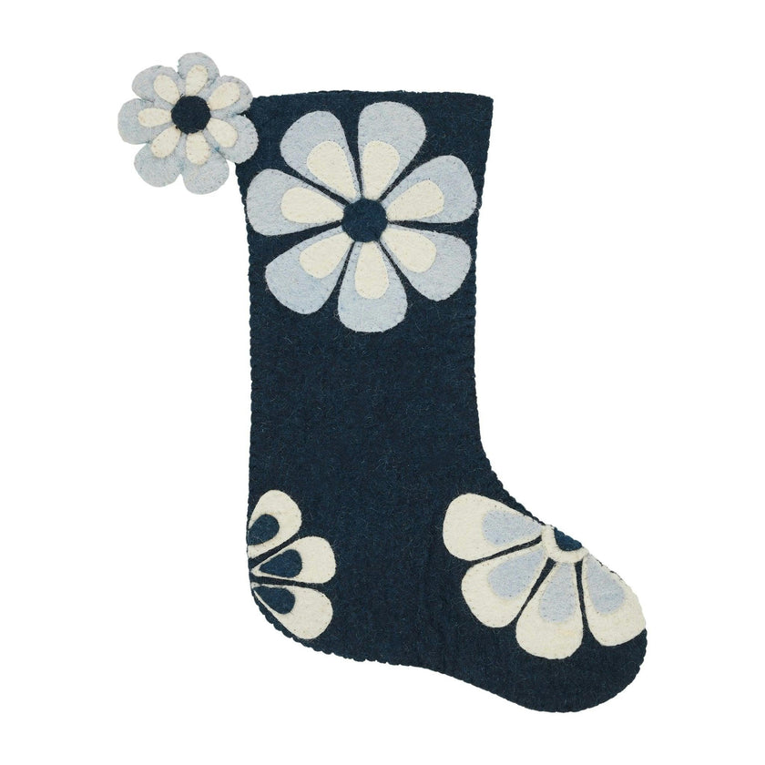 Hand Felted Wool Christmas Stocking - Flower Power Blue