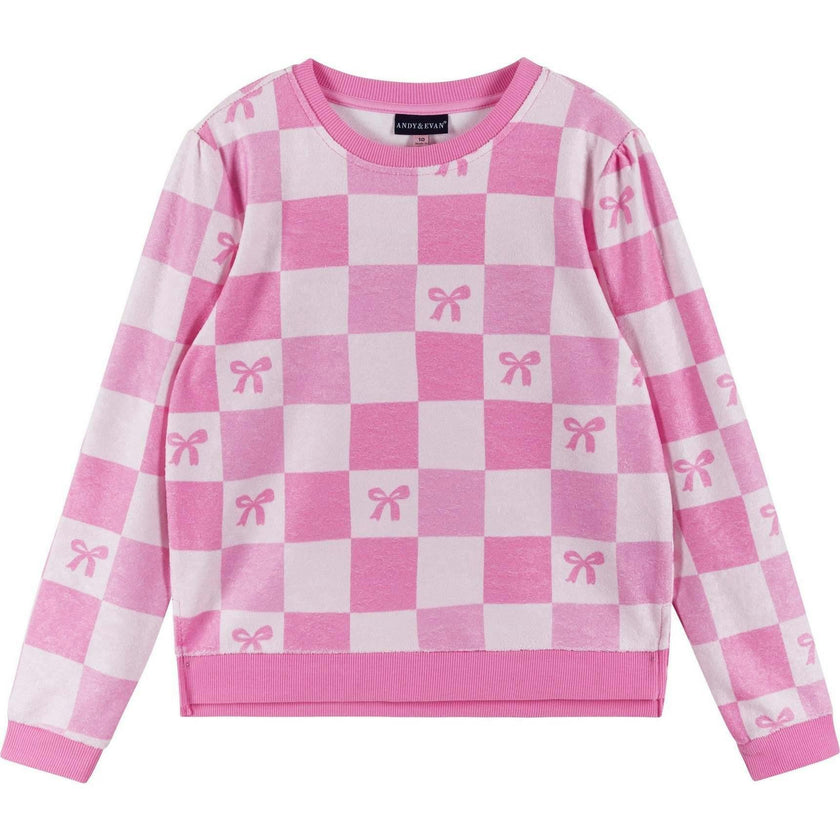 Tween Girls Terry Pull-Over & Short Set | Checkered Bow