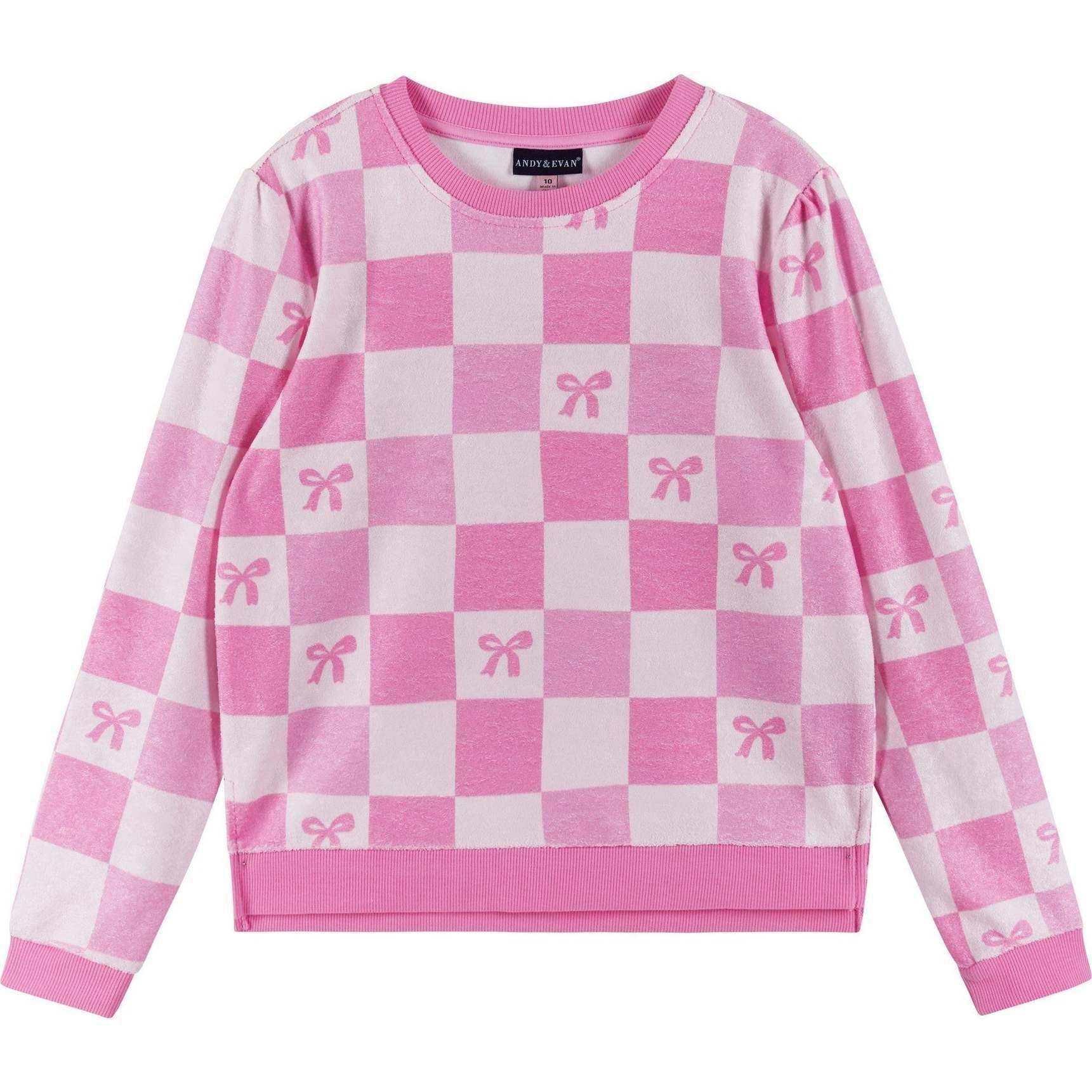 Tween Girls Terry Pull-Over & Short Set | Checkered Bow