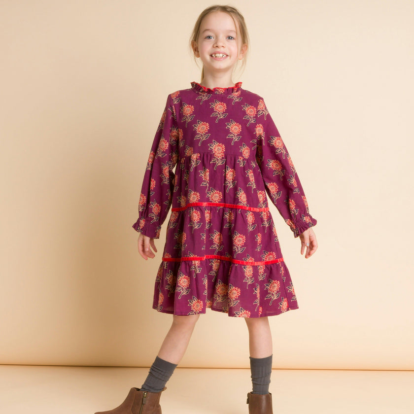 Long Sleeves Tiered Skirt Dress with Velvet Trim