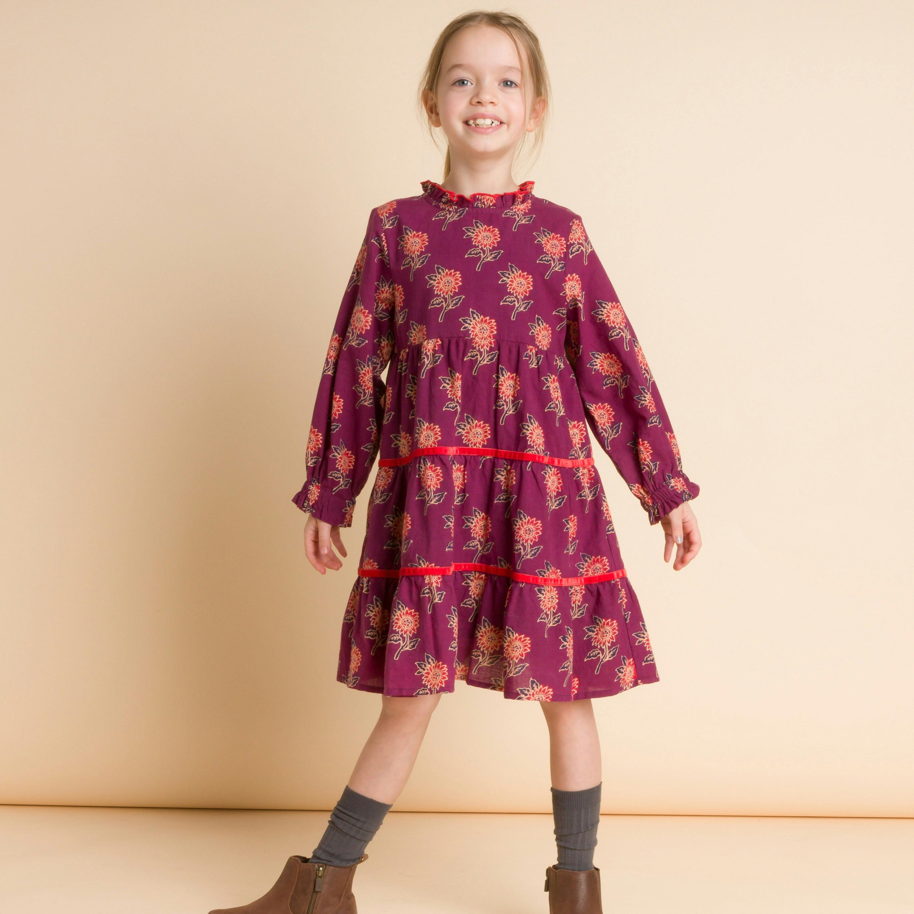 Long Sleeves Tiered Skirt Dress with Velvet Trim
