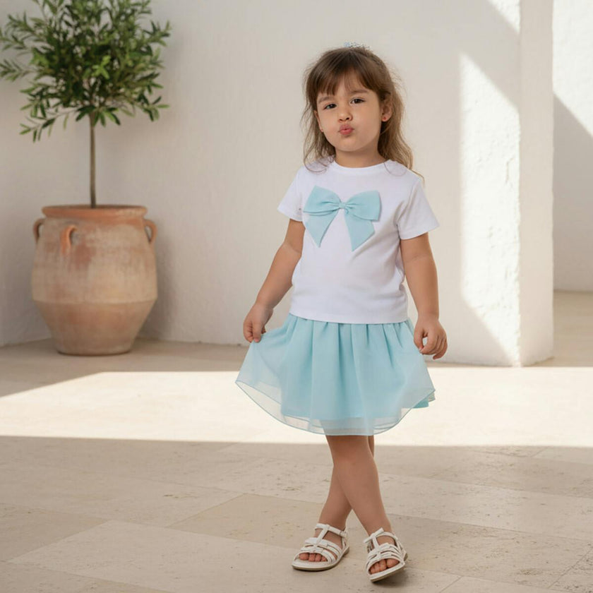 Cora Baby T-shirt Short Sleeve, White Aqua Tulle