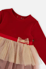 Bi-Material Dress With Glittering Skirt Red