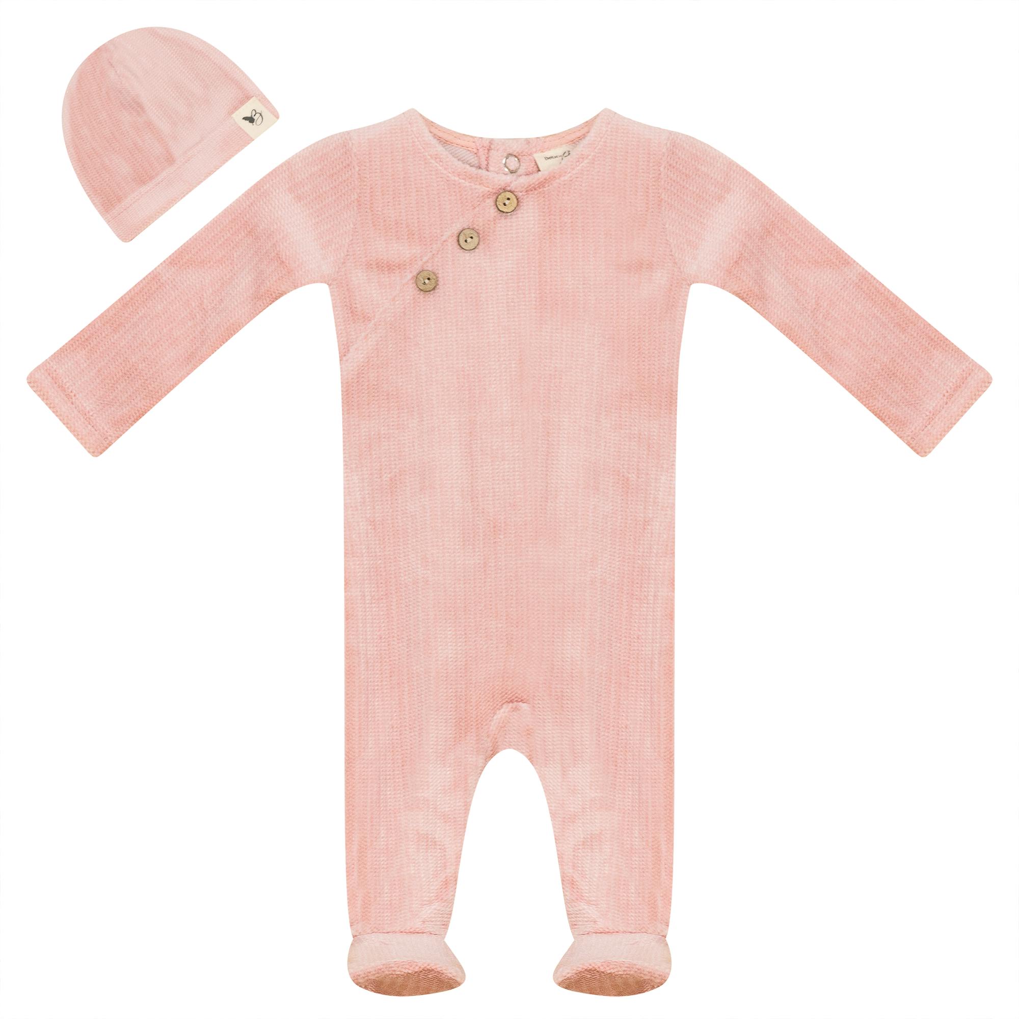 Fake Wrap Snap Front Velour Romper and Hat Two Piece Set