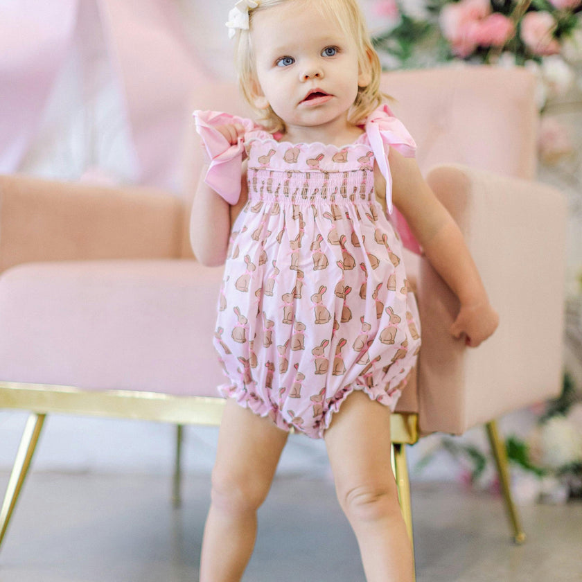 Pink Chocolate Bunny Smocked Bubble