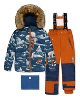 Two Piece Play Snowsuit Blue Bear Print With Rust Pants