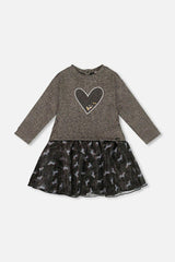 Bi-Material Dress Black With Mesh Skirt And Heart