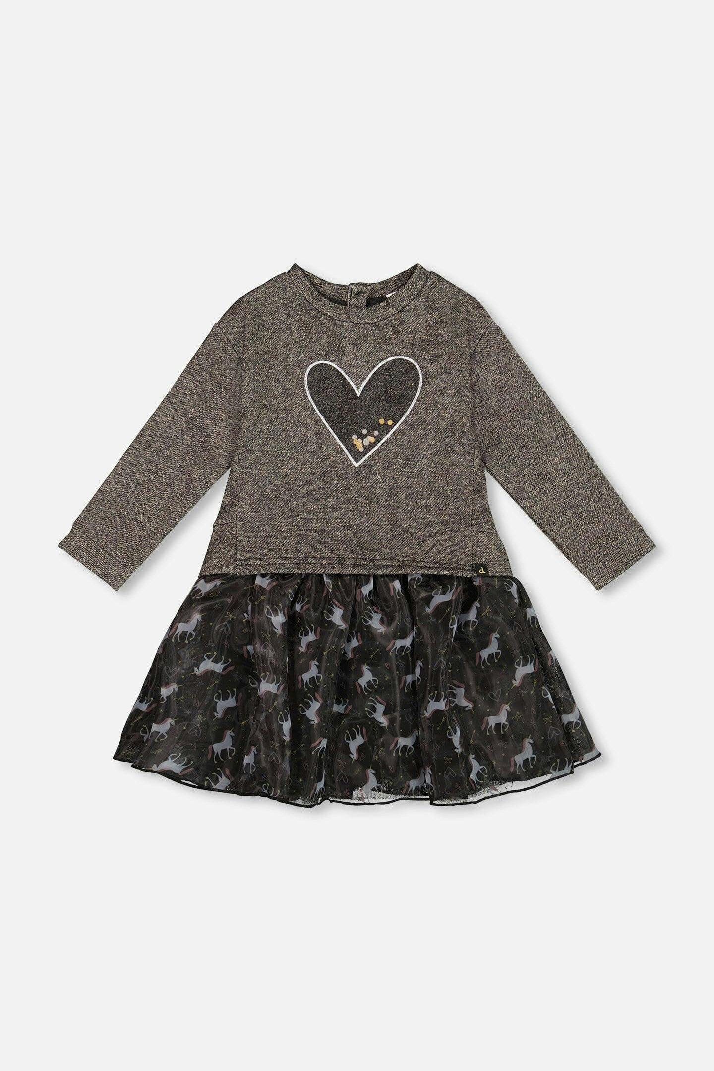 Bi-Material Dress Black With Mesh Skirt And Heart