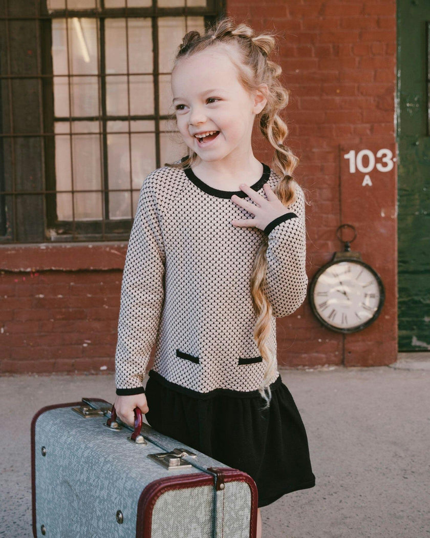 Long Sleeve Knit Sweater Dress Black And Beige