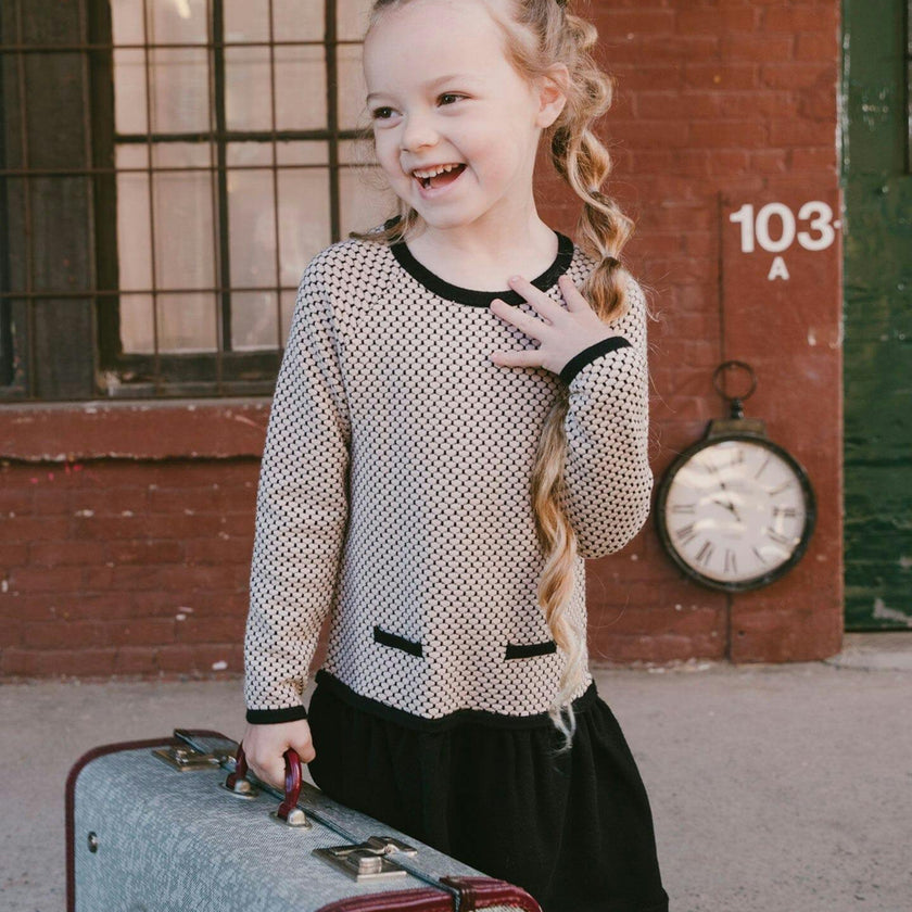 Long Sleeve Knit Sweater Dress Black And Beige