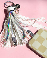 Packed Party More Metallic Portable Charging Tassel Keychain - Holographic Vegan Leather Keychain USB Charger Compatible with iPhone and Android, 1 Inch Keyring
