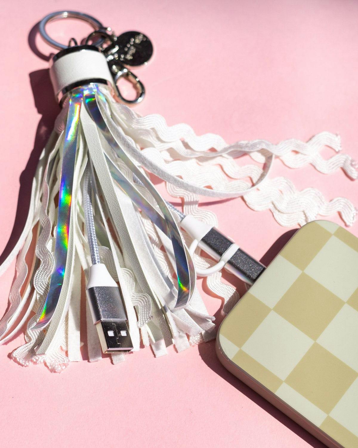 Packed Party More Metallic Portable Charging Tassel Keychain - Holographic Vegan Leather Keychain USB Charger Compatible with iPhone and Android, 1 Inch Keyring