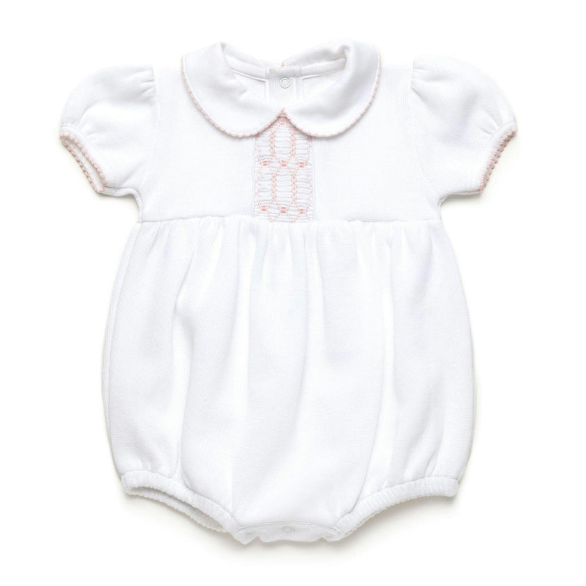 Clara Hand Smocked Special Knit Bubble | White/Lt Pink