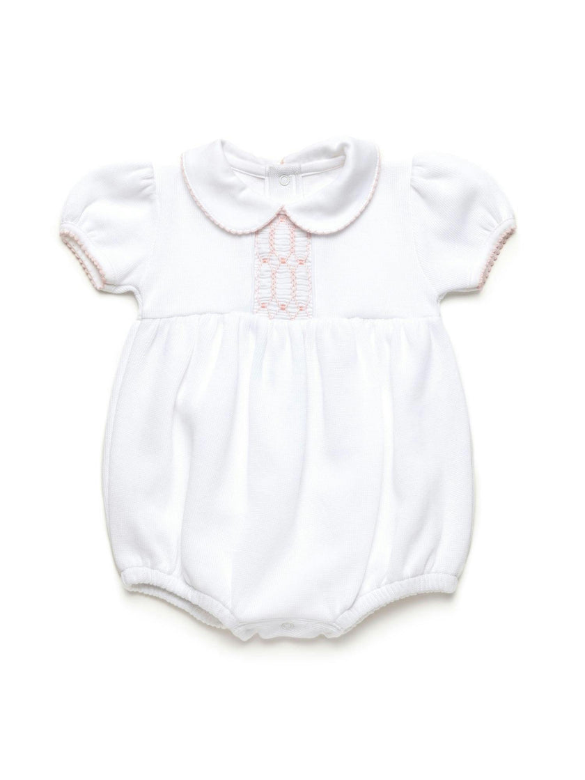 Clara Hand Smocked Special Knit Bubble | White/Lt Pink