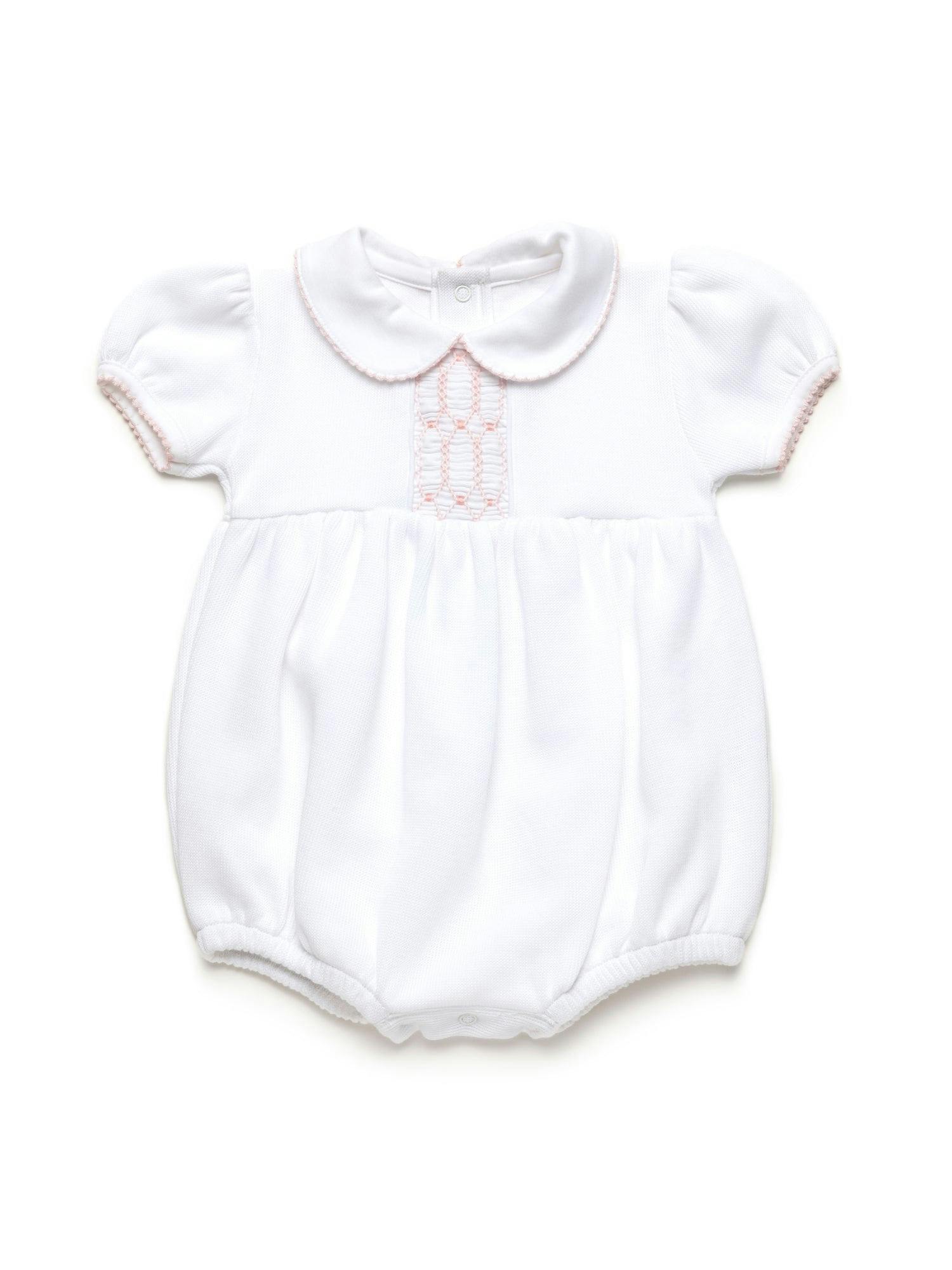 Clara Hand Smocked Special Knit Bubble | White/Lt Pink