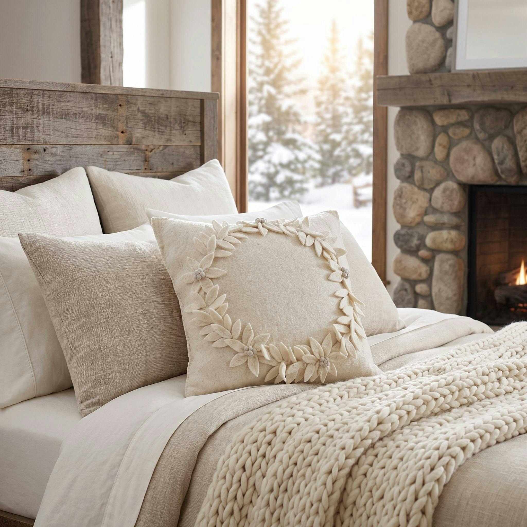 Hand Felted Wool Christmas Pillow, Cream Wreathâ 20
