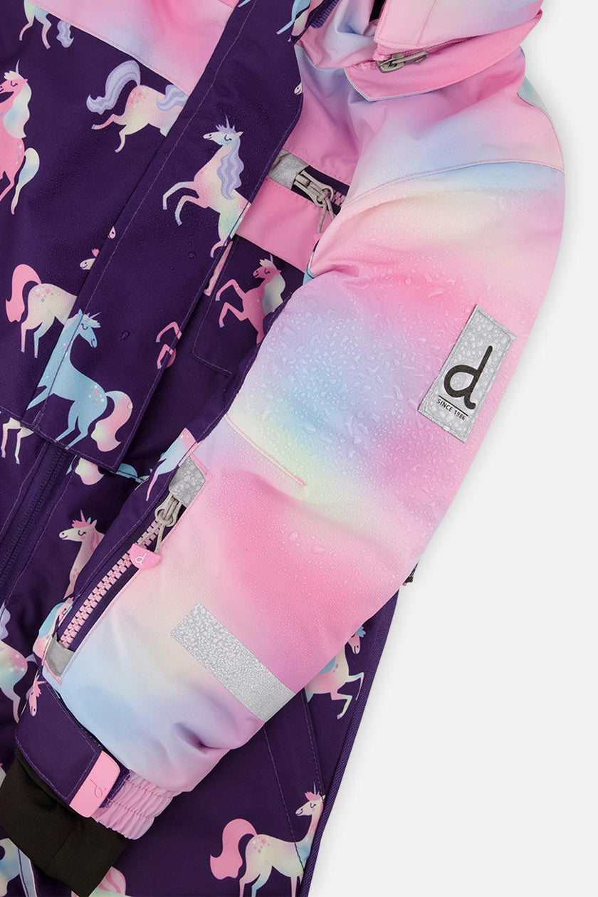Kids One Piece Play Snowsuit Purple Unicorn Print