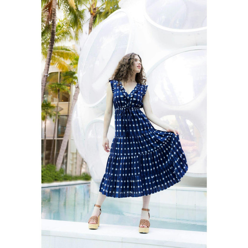 Women's Giselle Ruffle V-Neck Elastic Waist Flutter Sleeve Maxi Dress, Navy
