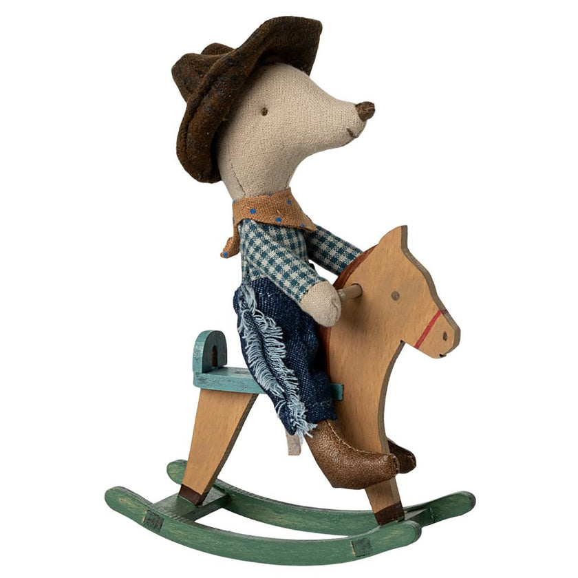 Cowboy mouse on rocking horse, Little brother