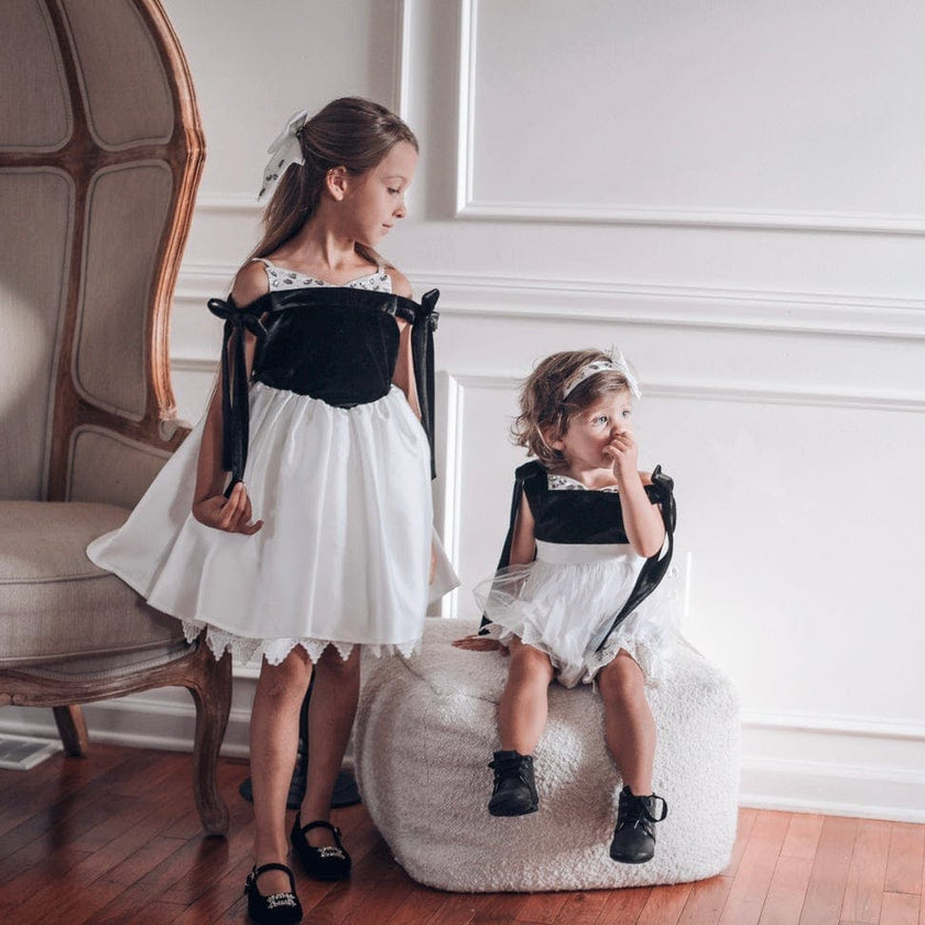 Audrey Black Velour Top and White Sateen Dress