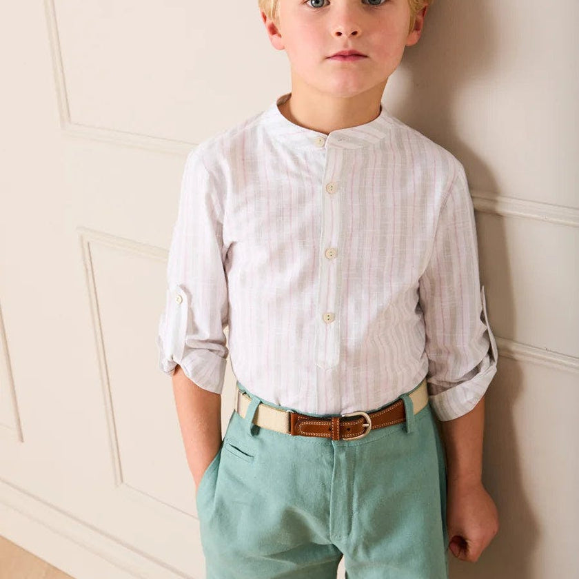 Hampton Stripe Mao Collar Shirt in Green (3- 10yrs)