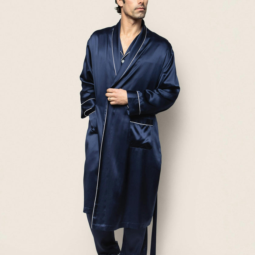 Men's Silk Long Robe in Navy