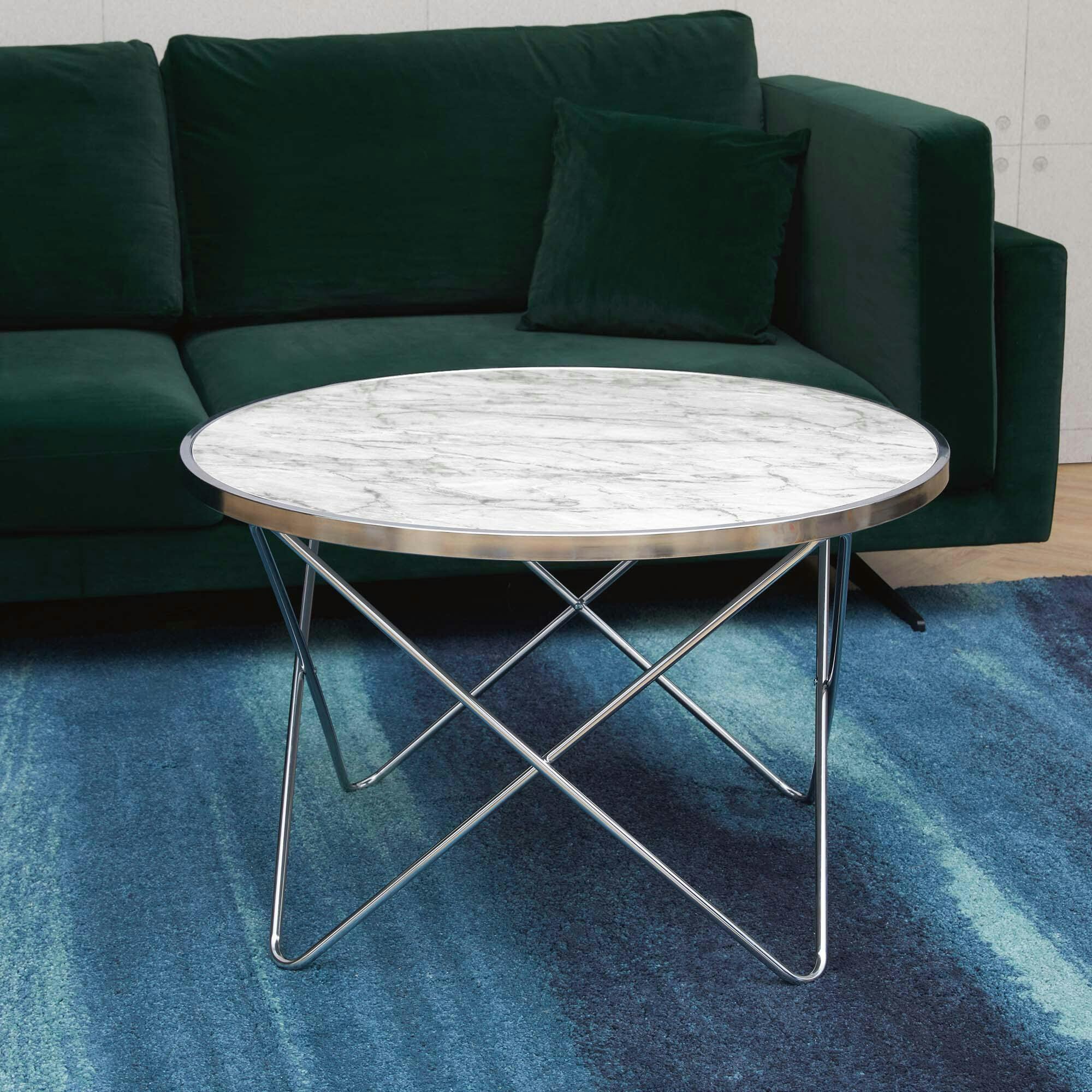 Margo Small 32 Inch Round Faux White Carrara Marble Coffee Table with Silver Metal Geometric Criss Cross Base and Legs