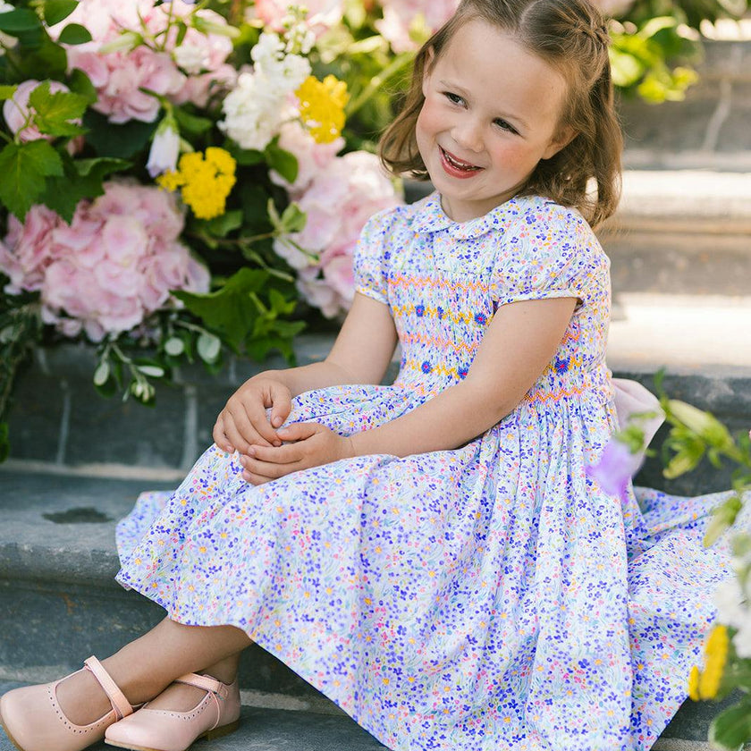 Ondine Floral Blue Short Puff Smocked Dress