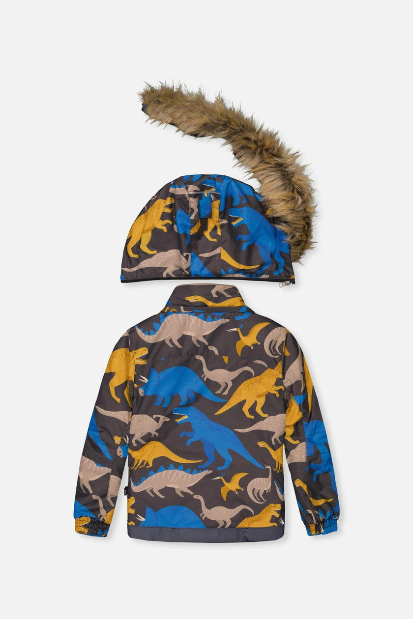 Two Piece Play Snowsuit Grey and Blue Dinosaur Print with Blue Pants