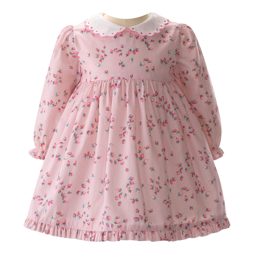 Baby Rosebud Scalloped Collar Long Elastic Sleeve Dress