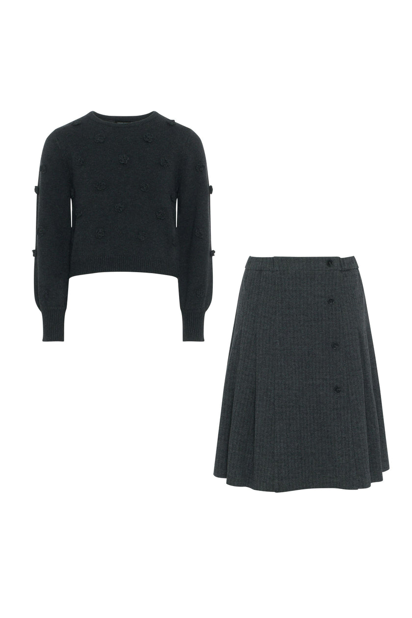 Herringbone Stretch Ribbed Pleated Skirt and Top Two Piece Set