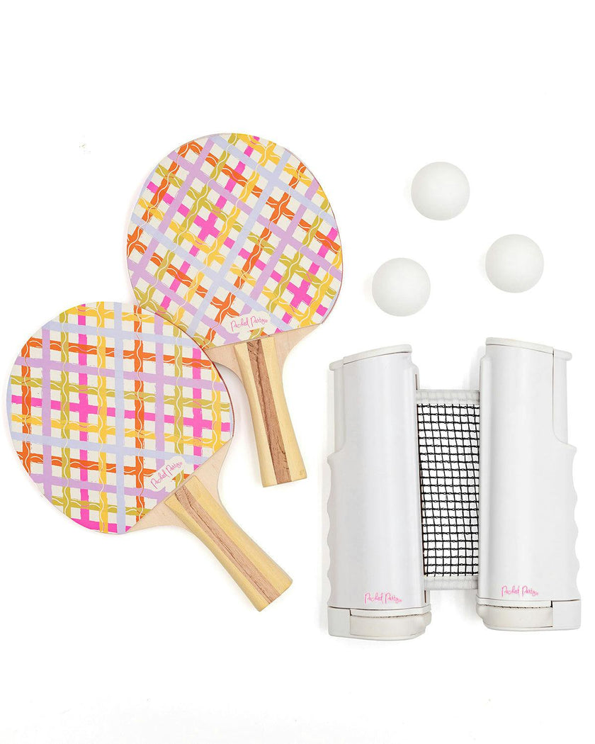 Packed Party Game Set Match Table Tennis Set - 2 Multicolor Plaid Wooden Paddles, 3 Balls, and Retractable Net for Any Table, 6-Piece Complete Set