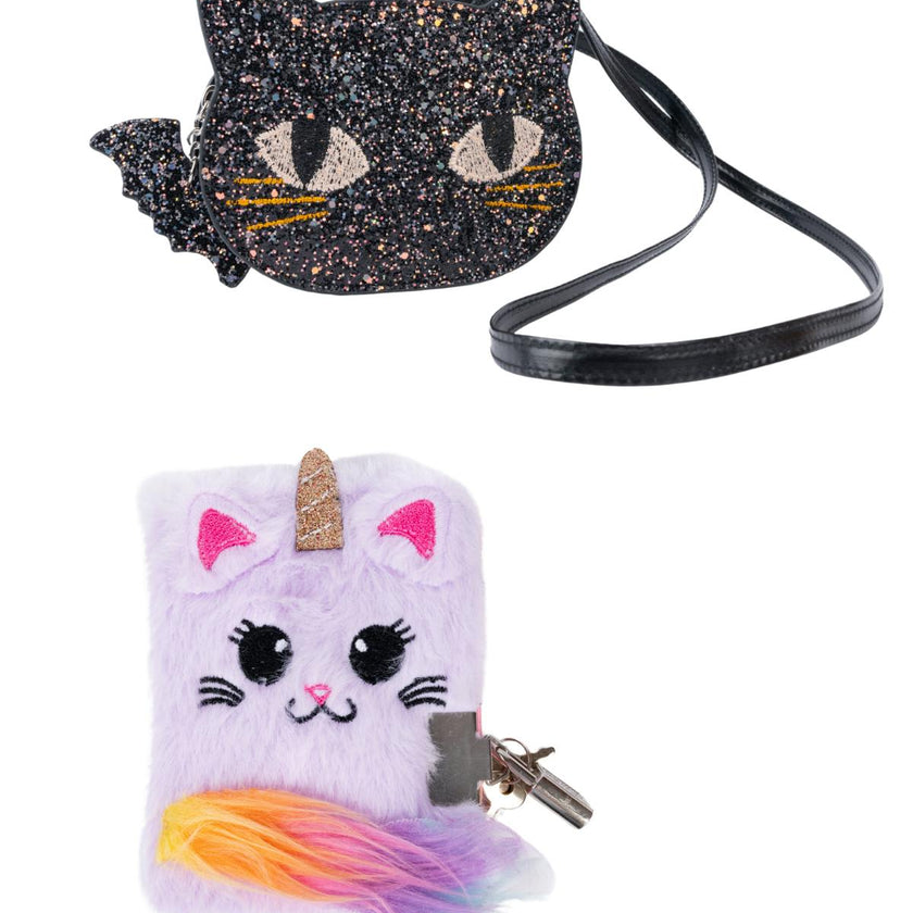 Magical Caticorn Journal and Black Kitty Purse, 2pc Bundle