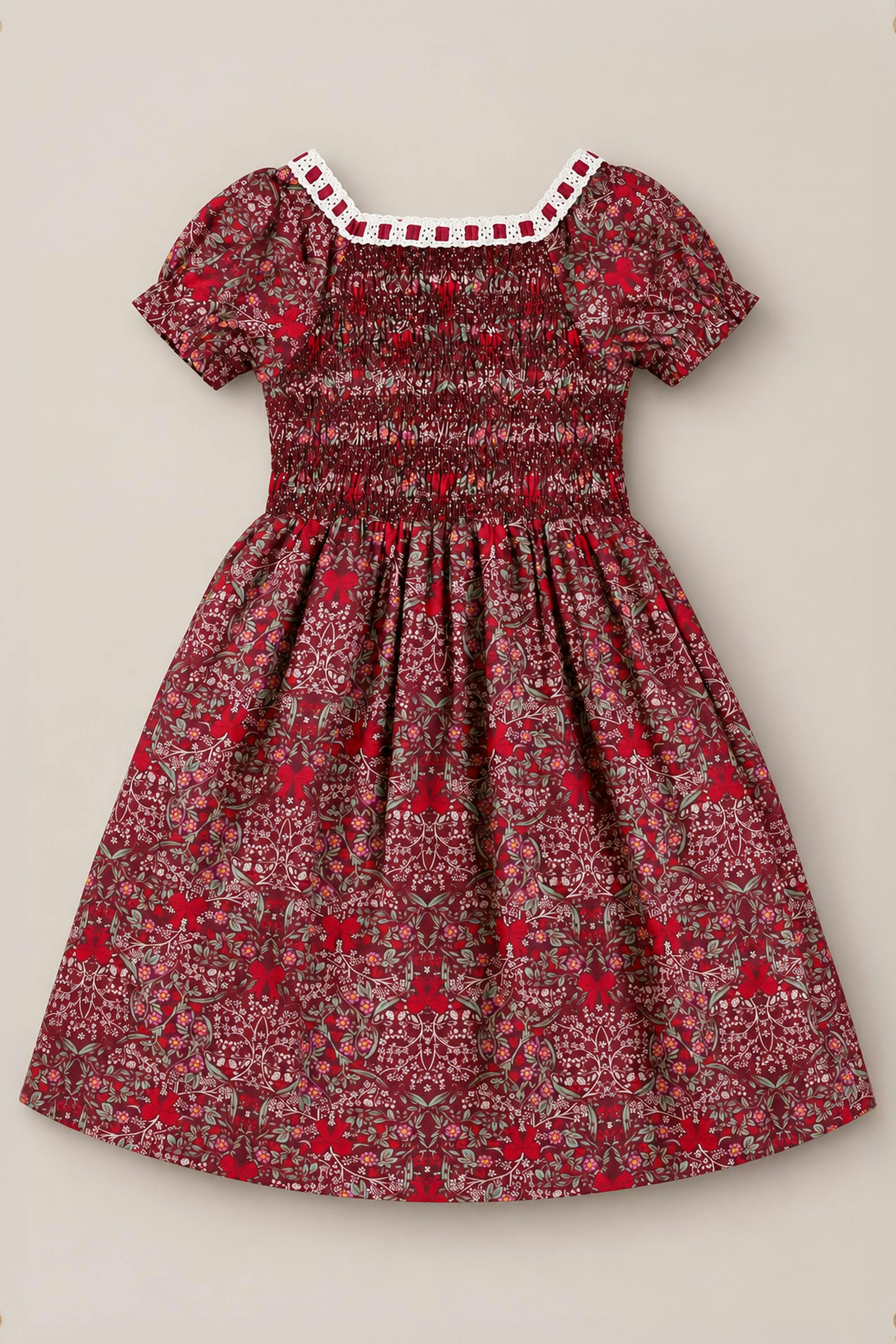 Mini Sunday Best Dress in Garnet Ribboned Garden