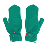 Packed Party Decked in Emerald Rhinestone Beanie and Mittens Set - Double-Layer Rib Knit with Multicolor Rhinestones and Fingerless Gloves, One Size Fits All