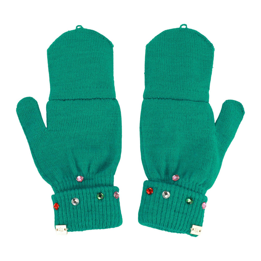 Packed Party Decked in Emerald Rhinestone Beanie and Mittens Set - Double-Layer Rib Knit with Multicolor Rhinestones and Fingerless Gloves, One Size Fits All