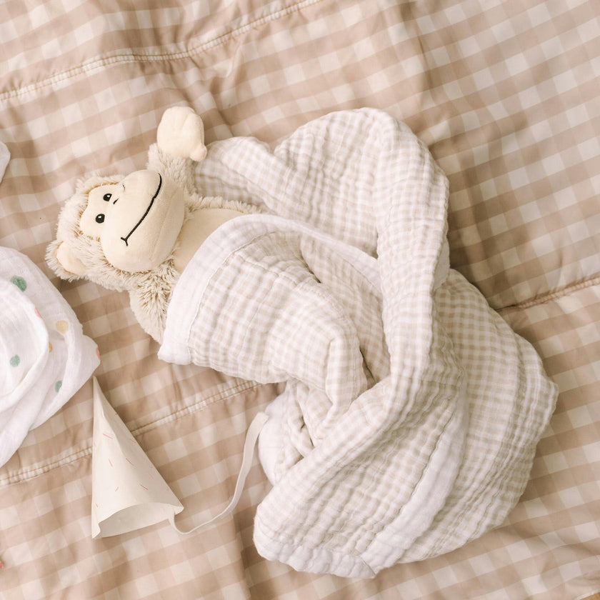 Cotton Muslin Baby Quilt - Tan Gingham