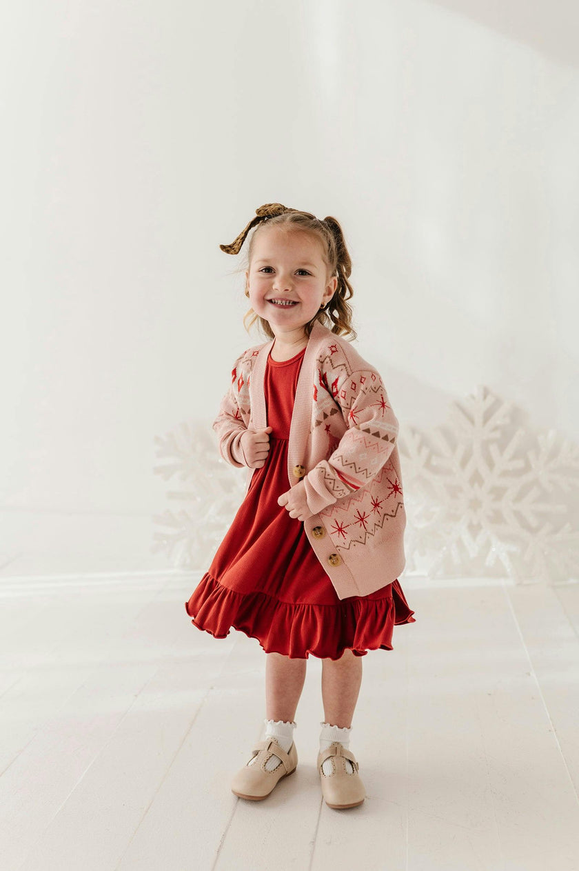 Girls Long Sleeve Jacquard Christmas Knit Sweater in Reindeer