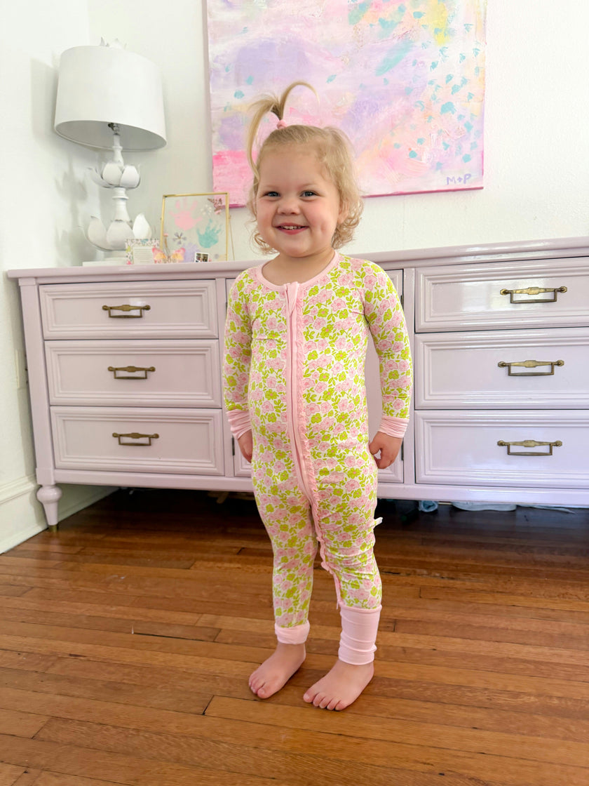 Pink and Green Floral Ruffle Romper