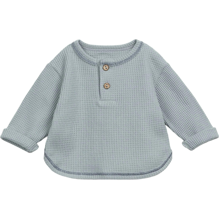 Contrast Hem Waffle Knit Henley Neck Long Sleeve 2-Front Button T-Shirt