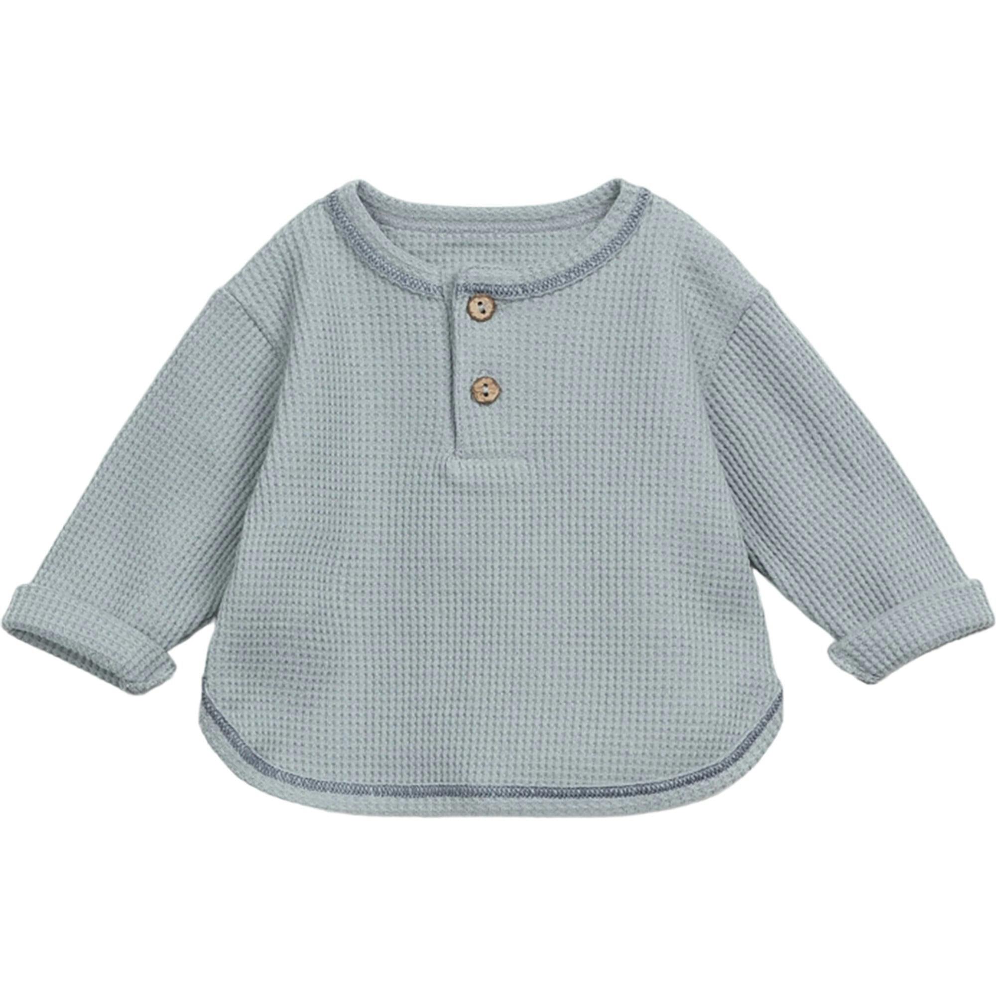 Contrast Hem Waffle Knit Henley Neck Long Sleeve 2-Front Button T-Shirt