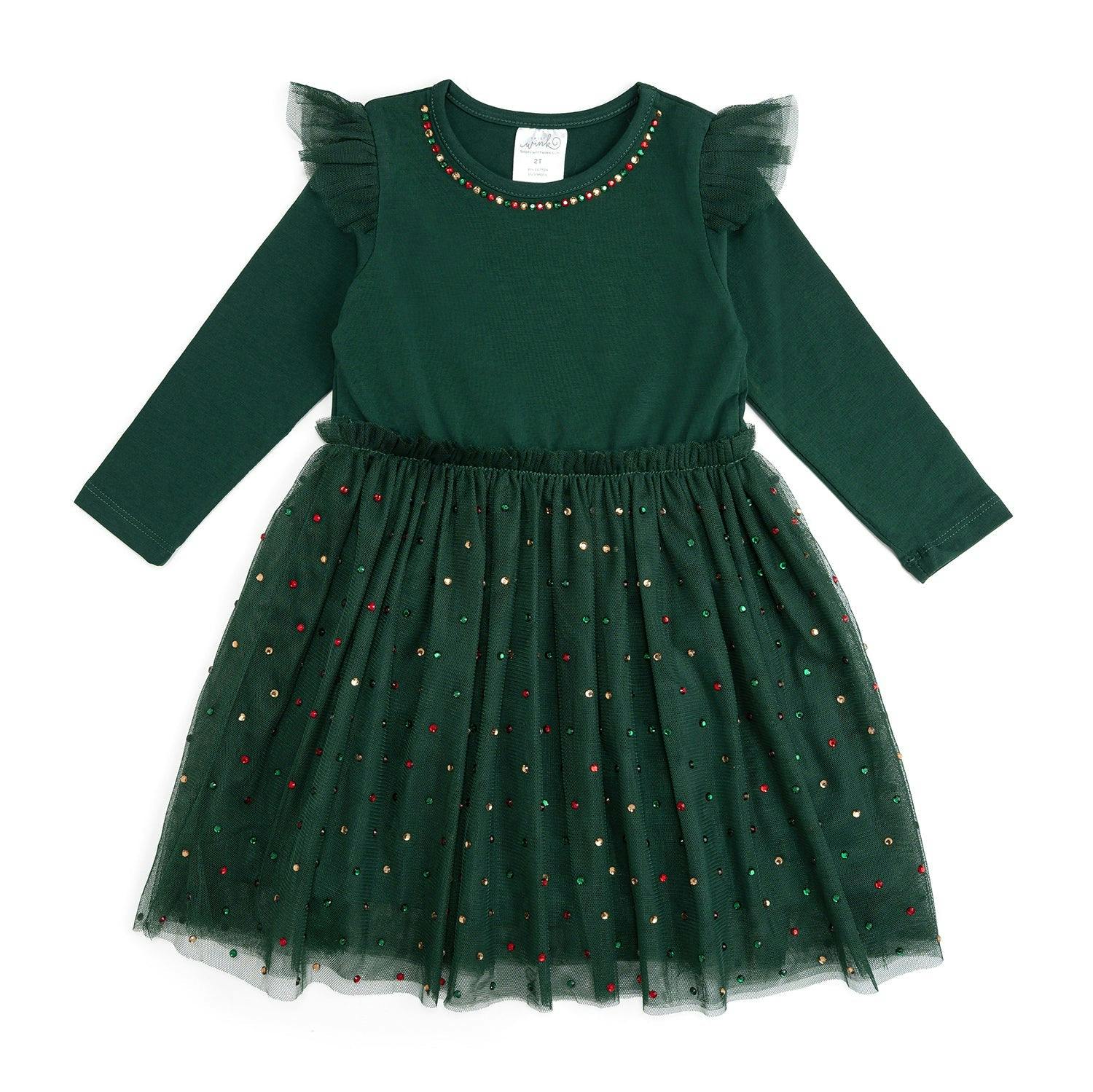 Emerald Rhinestone Christmas Long Sleeve Tutu Dress